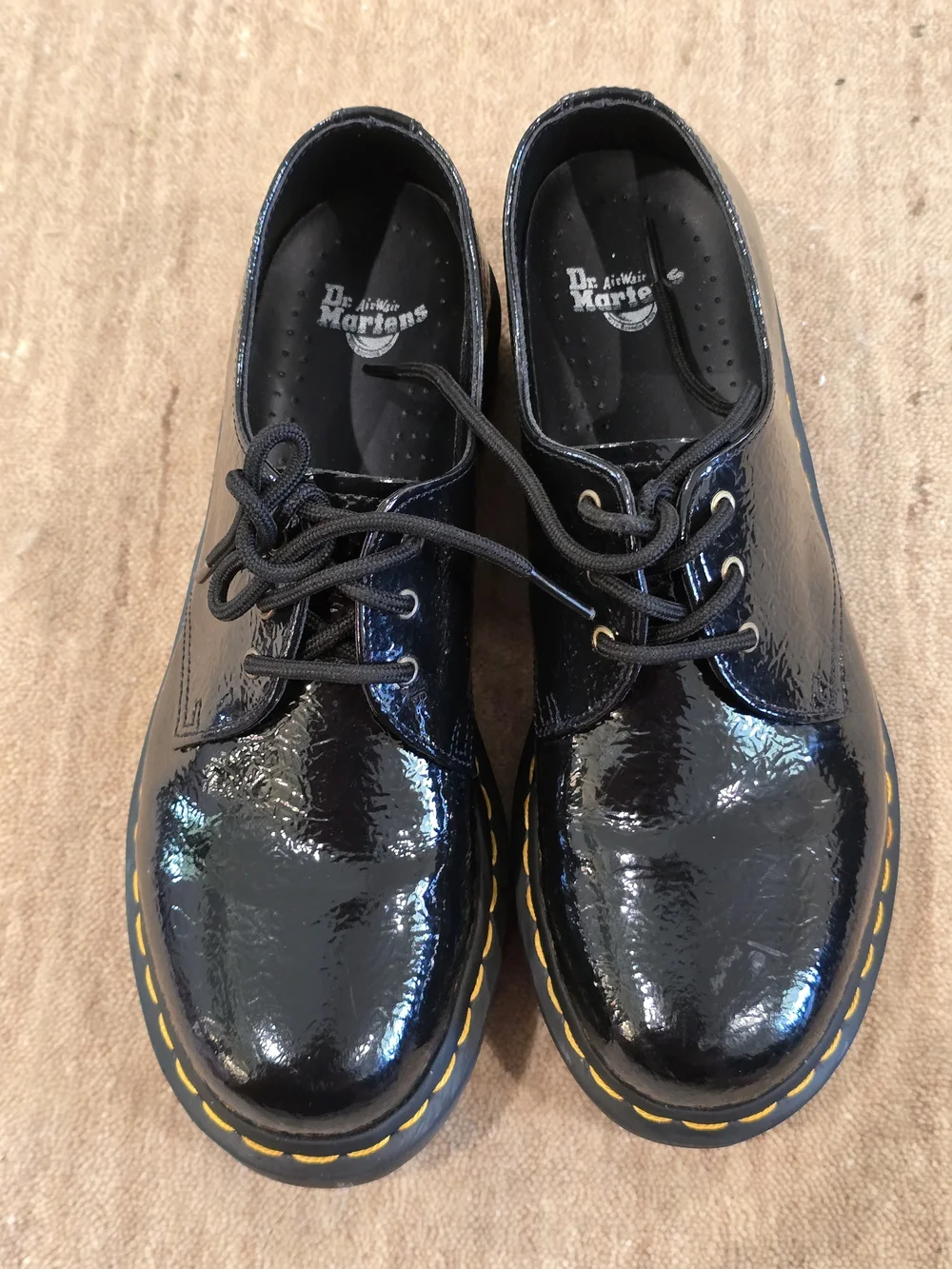 Dr. Martens Black Patent Leather Lace-Up Oxfords with Yellow Stitching